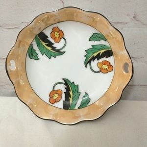 𝅺meito Handpainted Japan Peach Lustre Scalloped Edge Orange Floral Trinket Dish